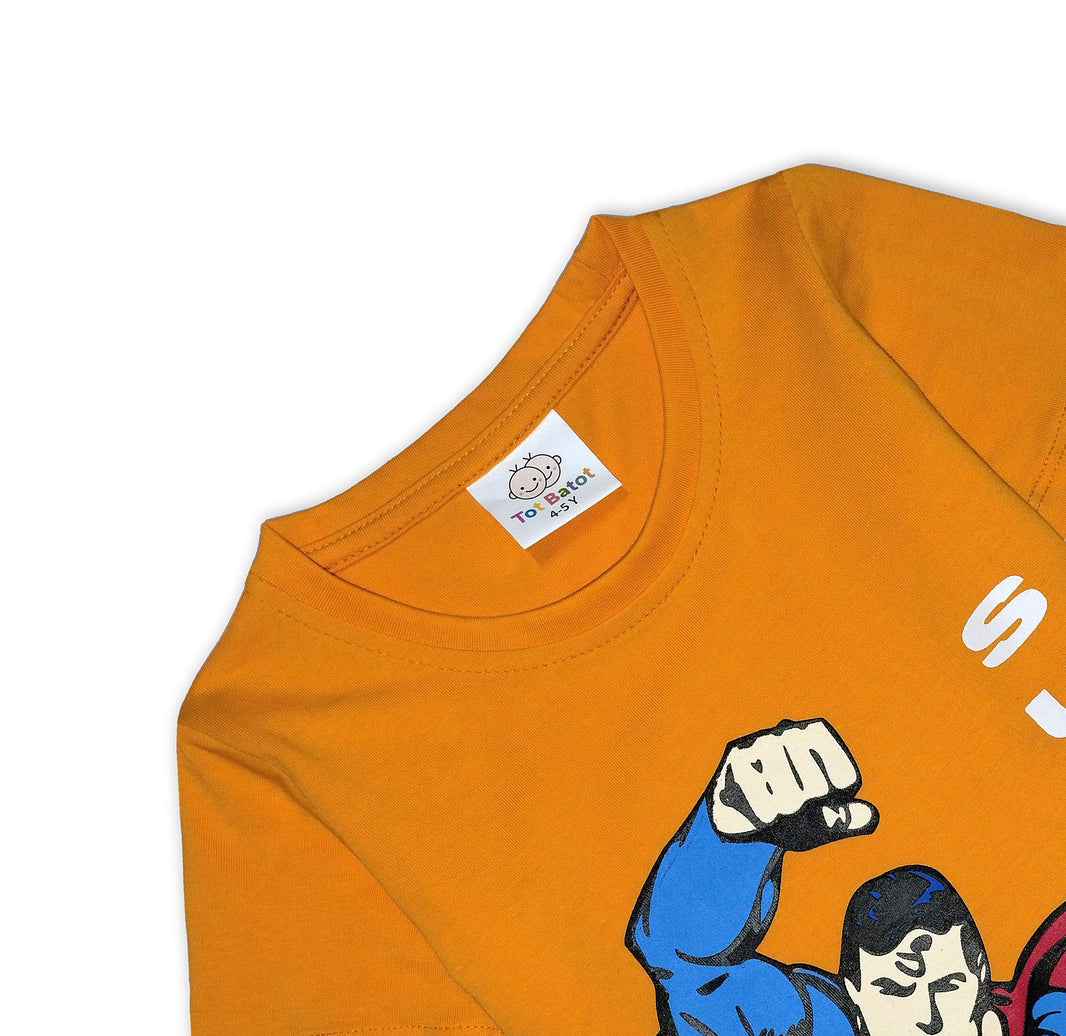 Superman-Inspired Design: Features a bold yellow graphic tee